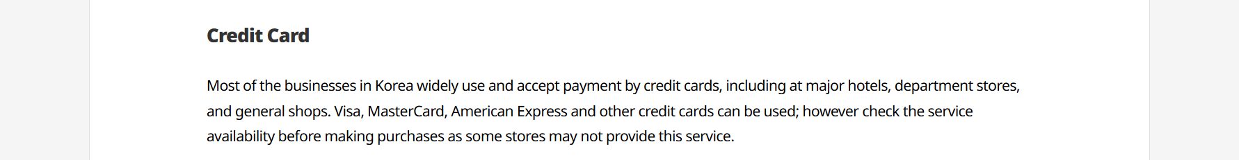 Korea Tourism Organization guidance on credit card acceptance in Korea