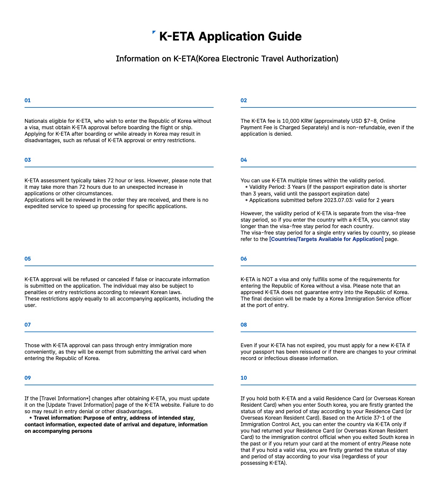 K-ETA application guide listing the fee, 72-hour processing, 3-year validity and arrival card exemption