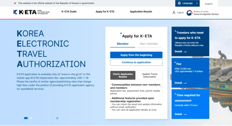 K-ETA official website showing the 10,000 KRW fee, 72-hour assessment time and a warning about phishing agency sites