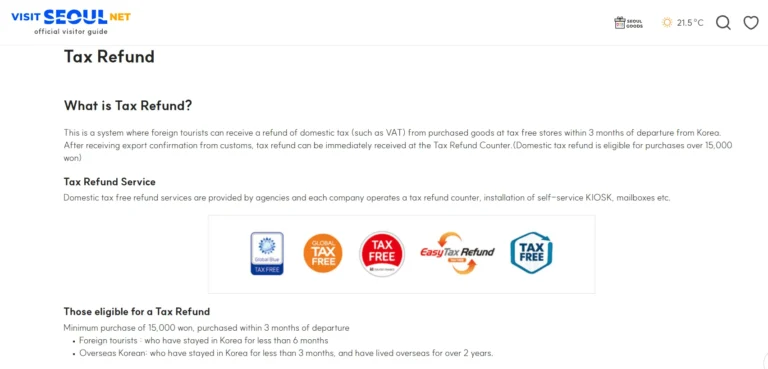 Official Korea tax refund eligibility requirements showing the 15,000 won minimum and 3-month departure window