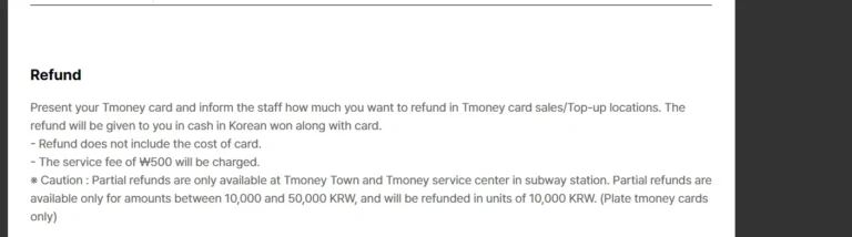 Official Tmoney refund guide showing the 500 won fee and cash-only refund process