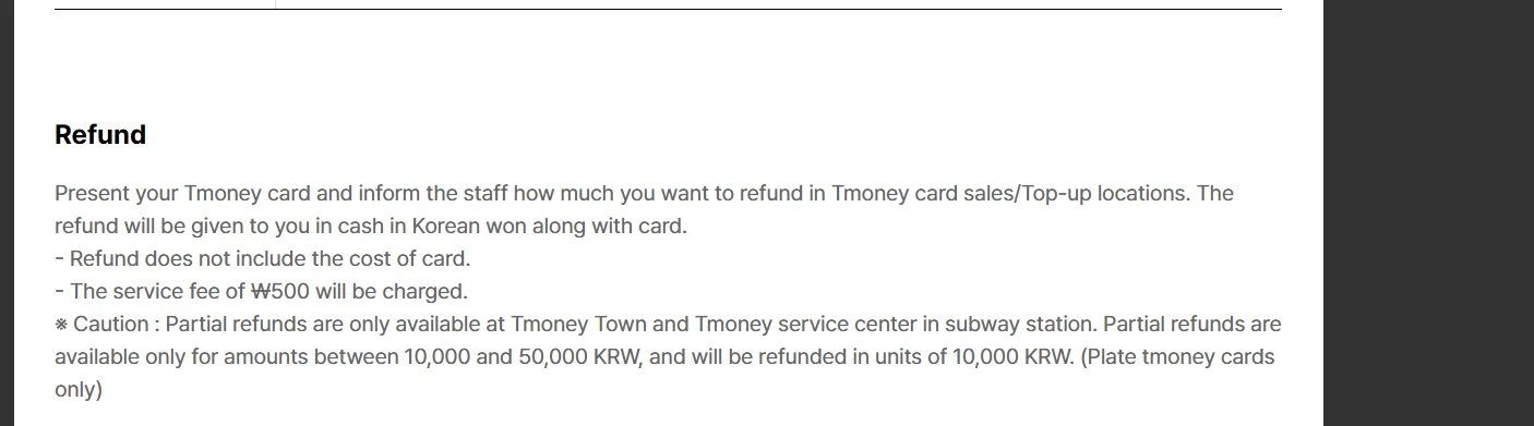 Official Tmoney refund guide showing the 500 won fee and cash-only refund process