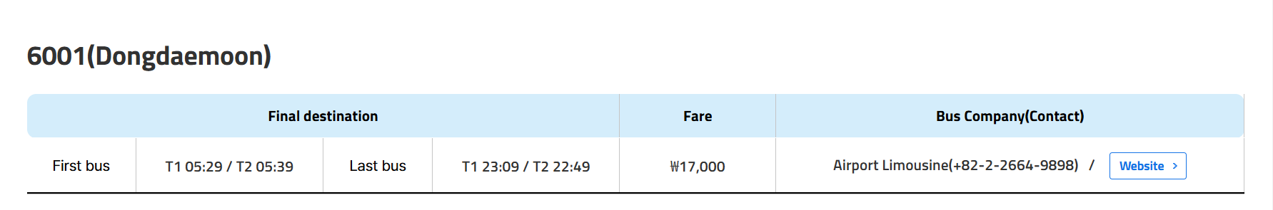 Incheon airport to Yongsan: route 6001 fare and first and last bus on airport.kr