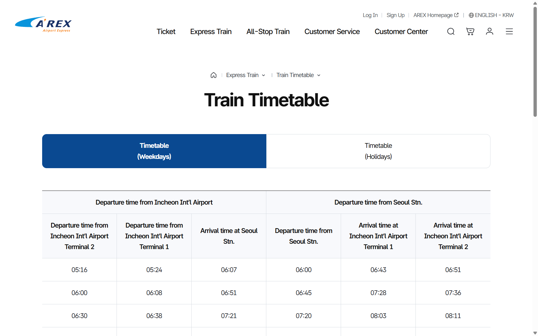 AREX Express weekday timetable from Incheon Airport to Seoul Station