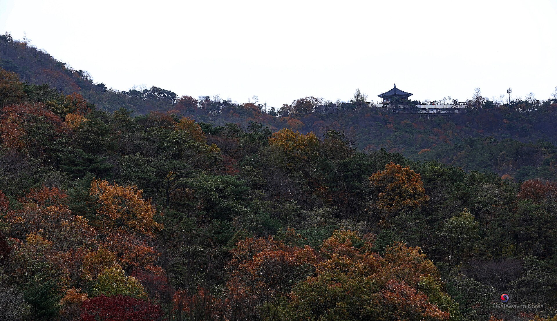 Autumn colours on the wooded ridge of Bukaksan above central Seoul