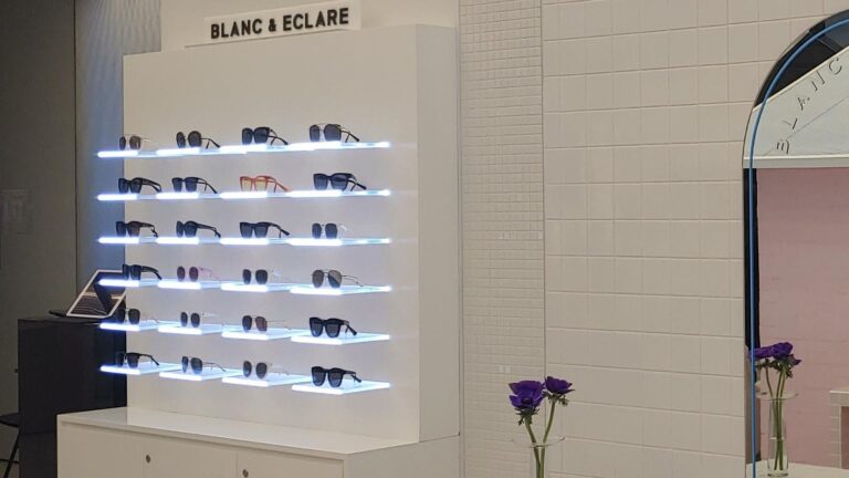 Sunglasses display wall in an eyewear store in Cheongdam-dong, Seoul, a design-led place to look at glasses in Seoul