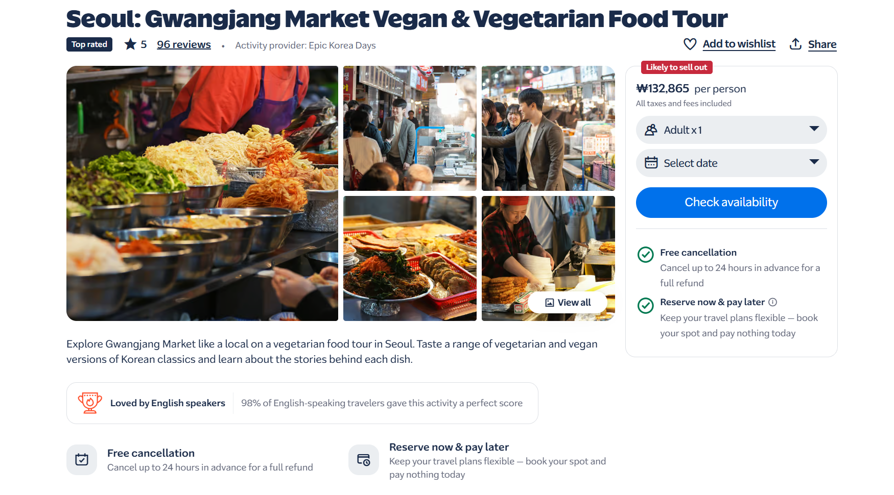 GetYourGuide Gwangjang Market vegan and vegetarian food tour listing