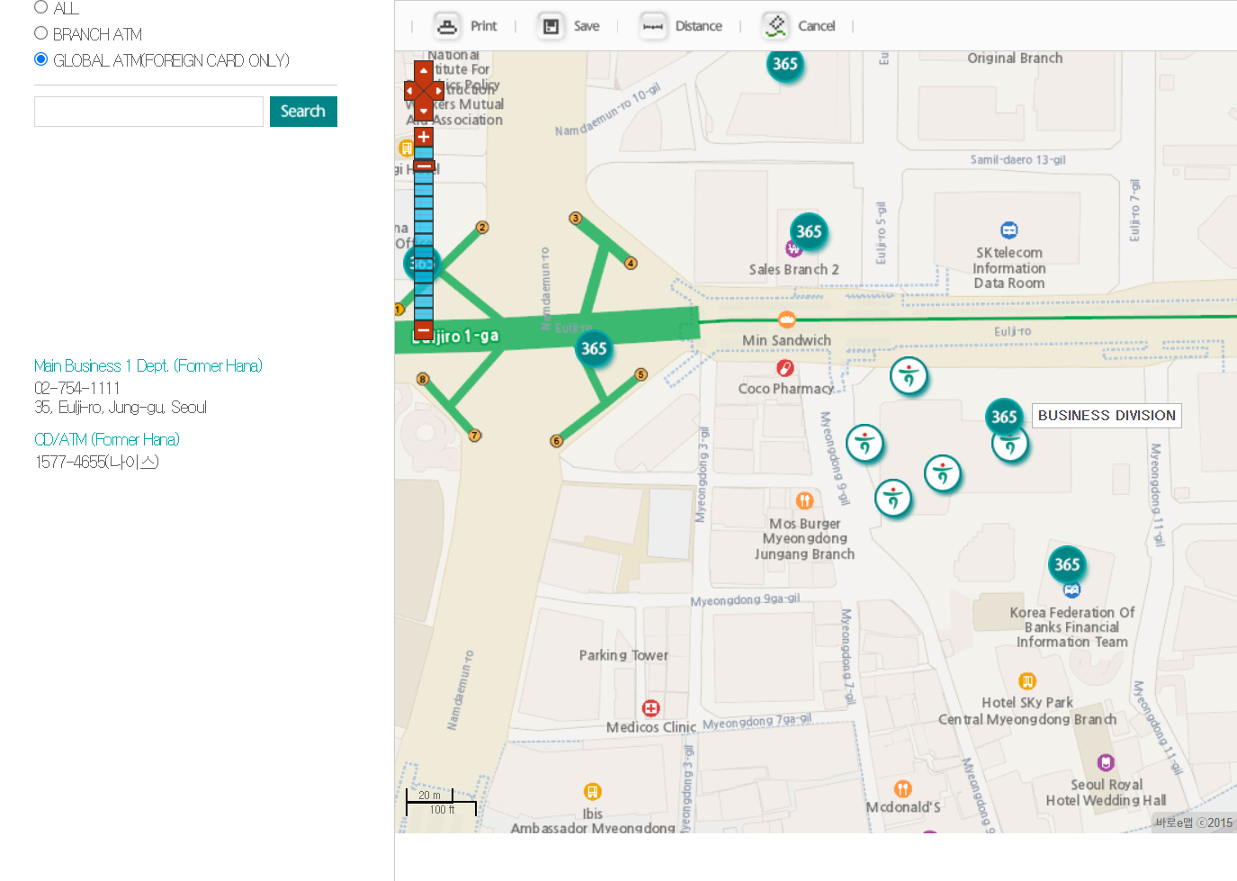 Hana Bank ATM locator with the Global ATM foreign card only filter selected