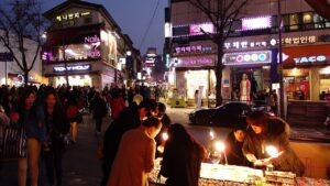 Hongdae street at night in Seoul, the area where most Halloween in Seoul street parties happen