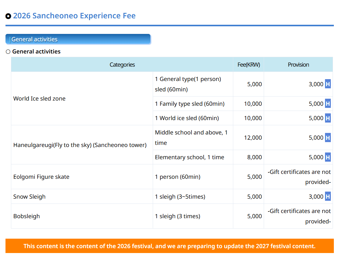 Hwacheon Sancheoneo festival sled, skating and Haneulgareugi prices from the official site