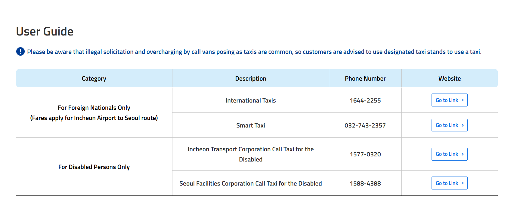 Incheon Airport user guide warning about call vans and listing International Taxi numbers for an Incheon Airport pickup alternative