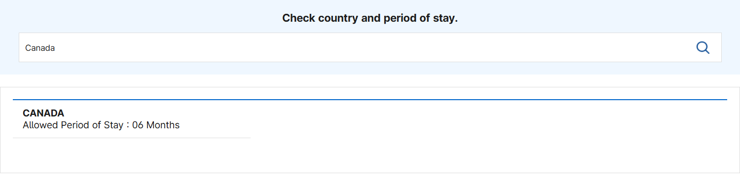 Korea visa for Canadians: K-ETA eligible countries list showing Canada with a 6 month allowed period of stay