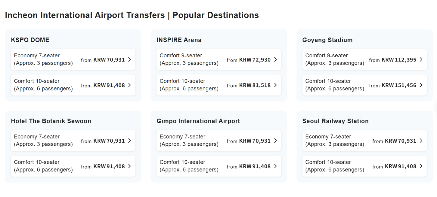 KKday Incheon airport private transfer page with economy and comfort car prices for Incheon Airport pickup