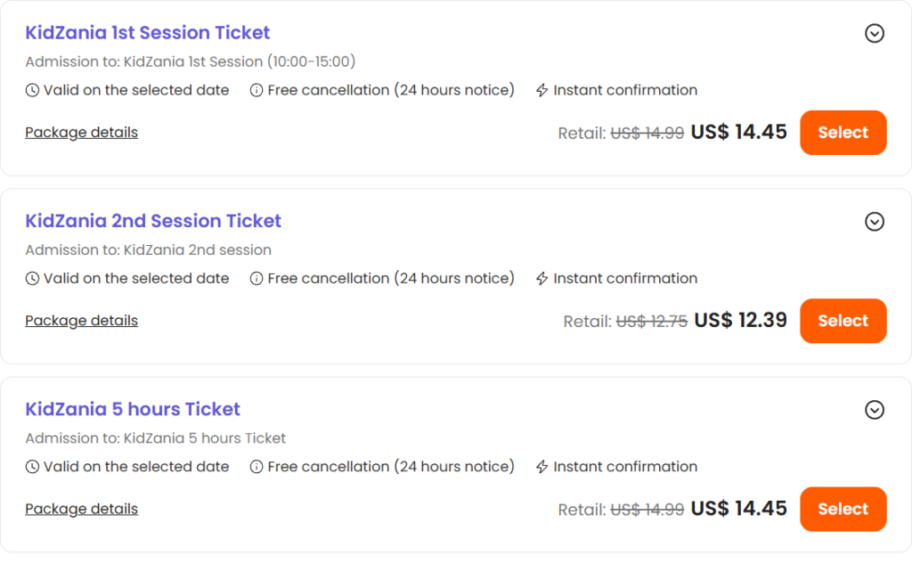 KidZania Seoul ticket options on Klook: 1st session, 2nd session and 5 hours