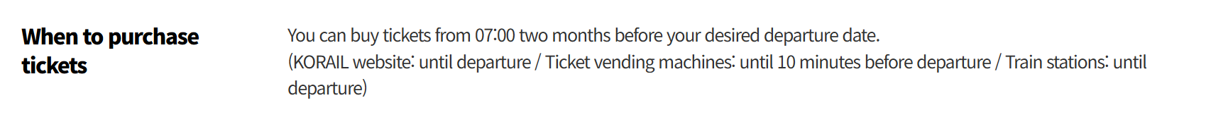 KORAIL ticketing guide page listing where and when to buy tickets when KTX is sold out