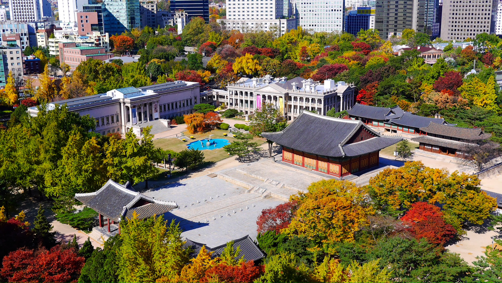 Deoksugung Palace courtyard seen from above with yellow and red korea autumn foliage trees