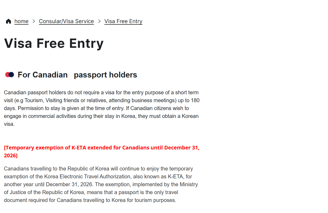 Korea visa for Canadians: Embassy of Korea in Canada page on 180-day visa-free entry and the K-ETA exemption to 31 December 2026