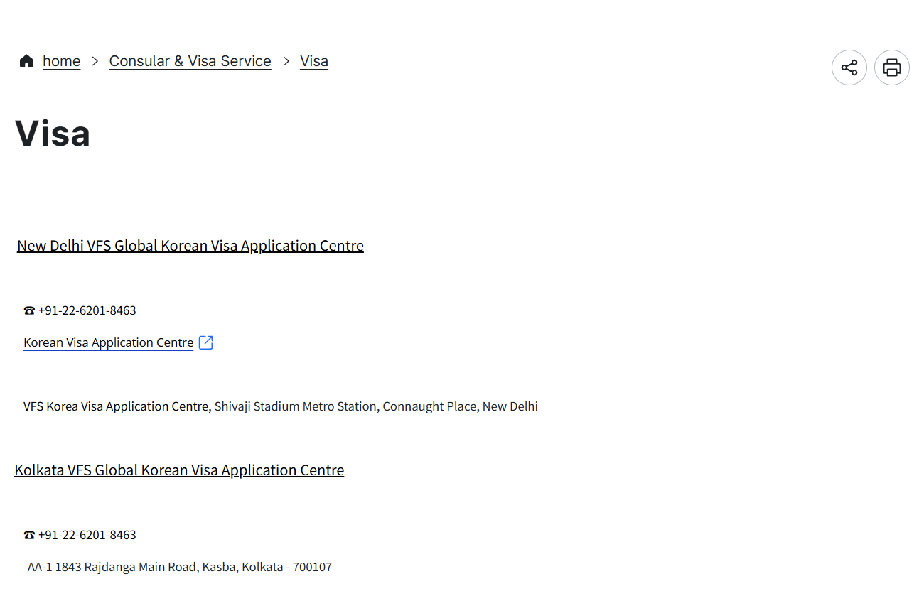 Korea visa for Indian citizens: Embassy of Korea in India visa page with the VFS Delhi and Kolkata application centres