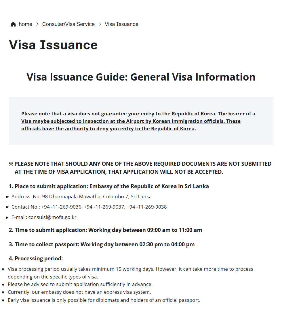 South Korea visa for Sri Lankans: Embassy of Korea in Colombo visa issuance guide with processing period and submission hours