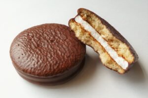 Orion Choco Pie split open to show the marshmallow filling, one of the best Korean snacks to buy