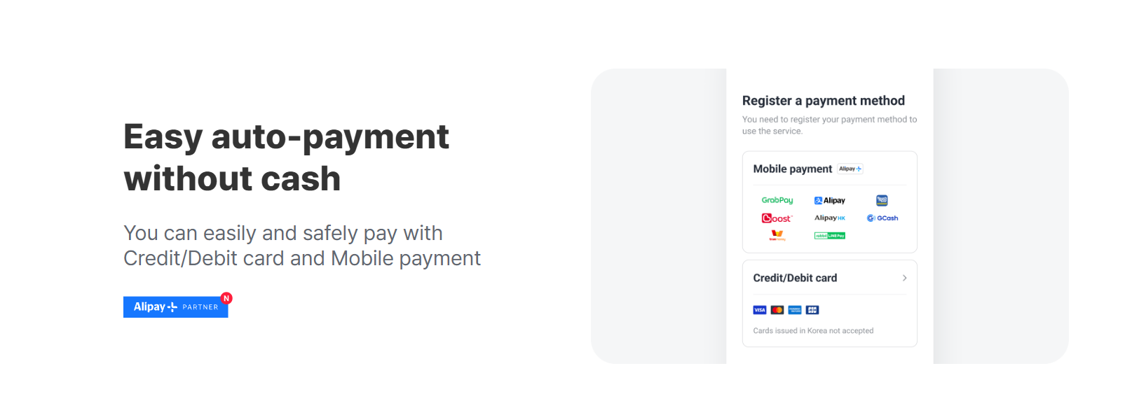 k.ride taxi app payment screen: overseas Visa, Mastercard and mobile wallets accepted, Korean-issued cards not accepted