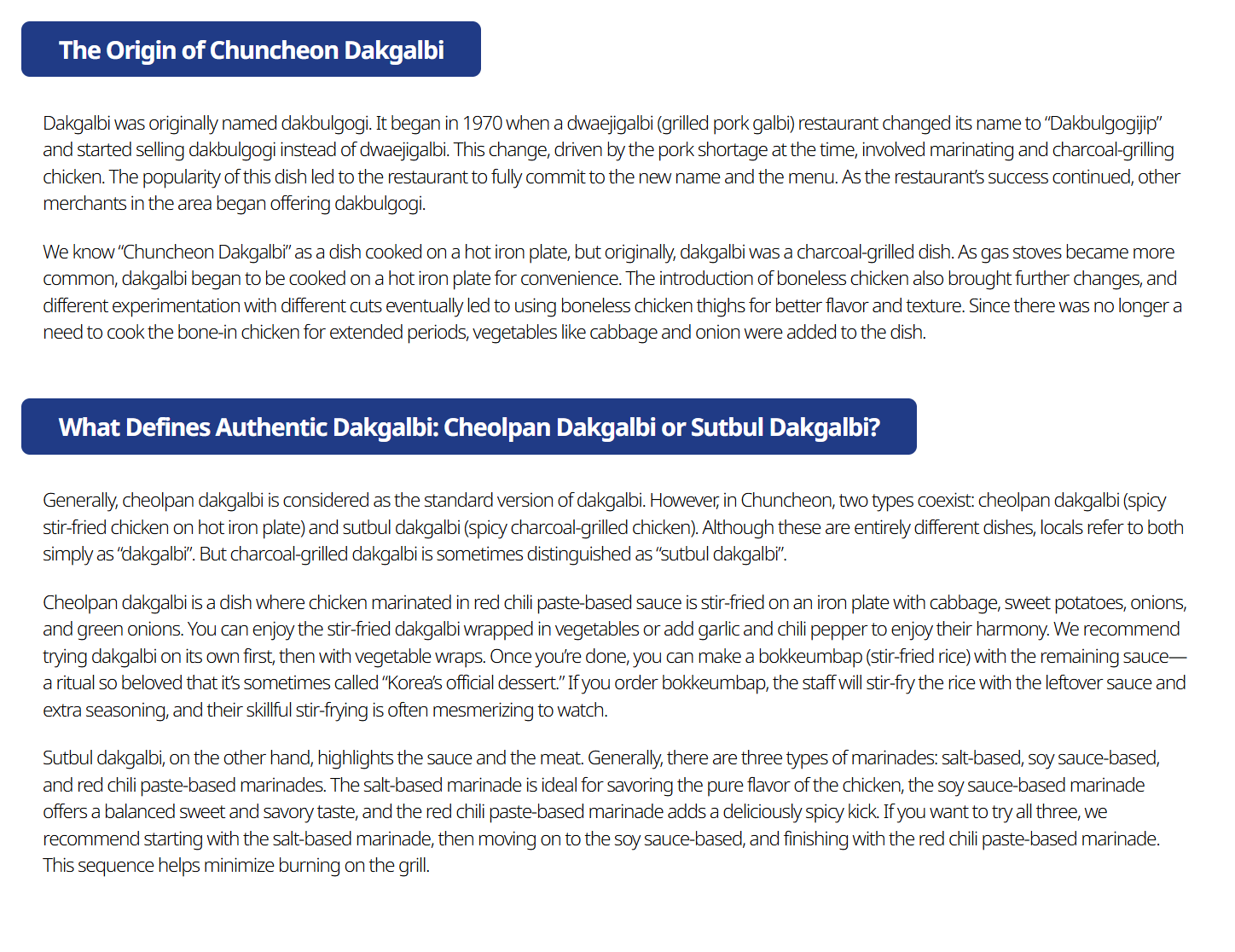 Korea Tourism Organization page on the origin of Chuncheon dakgalbi, cheolpan and sutbul styles