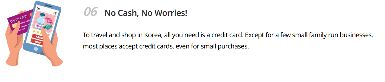 Korea Tourism Organization page saying all you need is a credit card, the starting point for how much cash to bring to Korea
