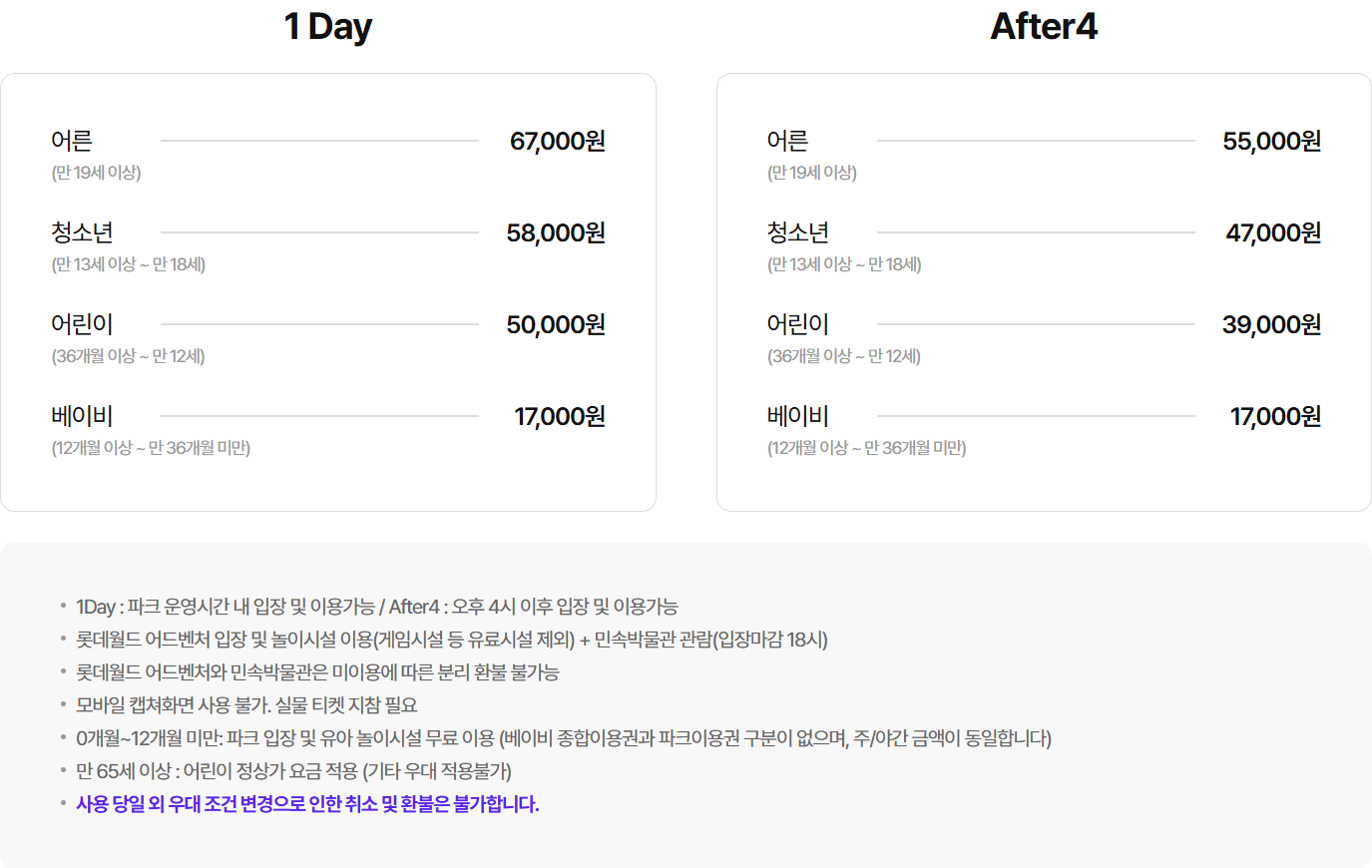 Lotte World official ticket prices: adult 1 Day pass 67,000 won and After4 pass 55,000 won