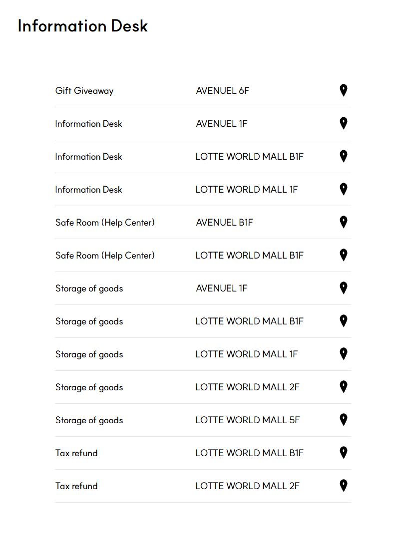 Lotte World Tower and Mall official amenities list showing storage of goods locations for Jamsil luggage storage