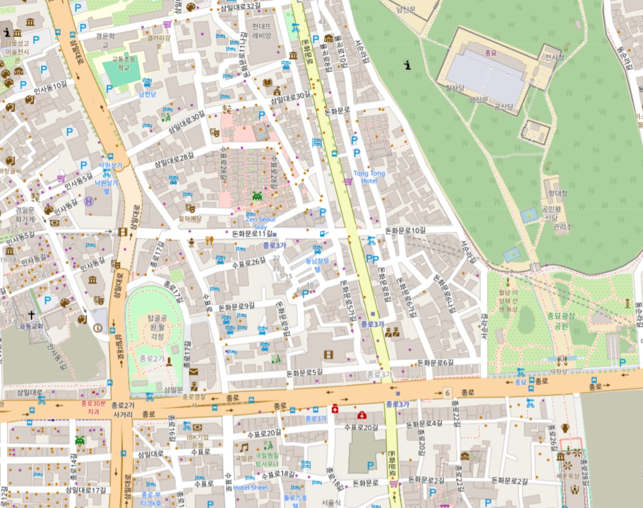 首爾市中心鐘路 3 街與樂園洞一帶地圖