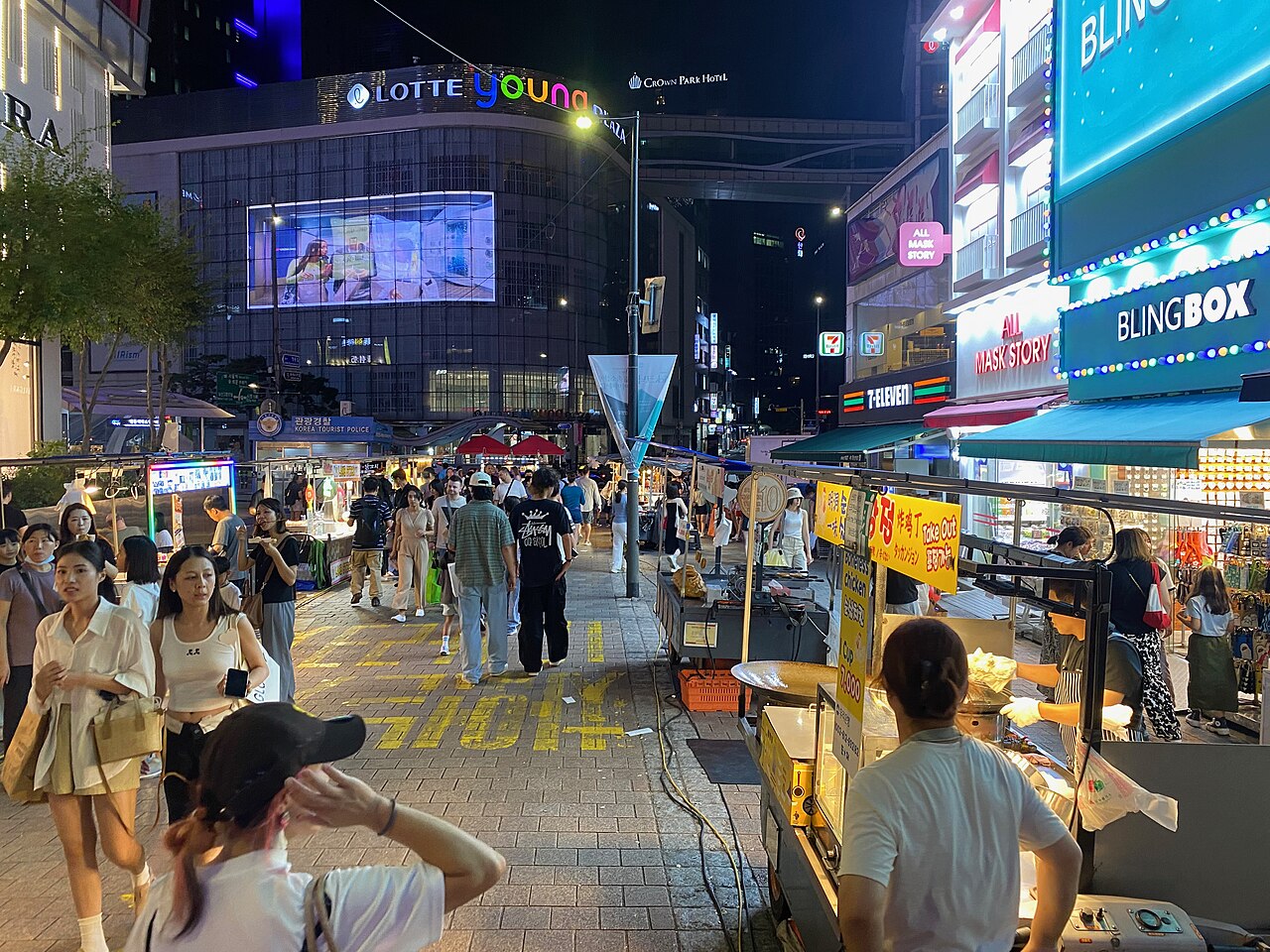 Myeongdong street market in the evening, a busy area where myeongdong luggage storage lockers fill up early