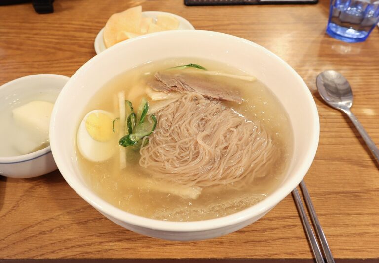 Naengmyeon Seoul favourite: Pyongyang-style mul naengmyeon with buckwheat noodles, beef slices, egg and radish in clear cold broth