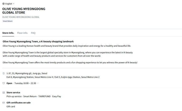 Olive Young Seoul Myeongdong Town store page showing address, 10:00-22:30 hours and tax refund service