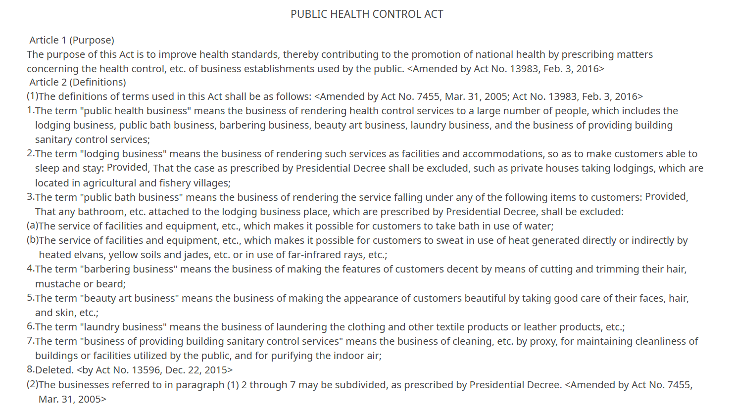 Public Health Control Act definition of lodging business that covers a Korea motel