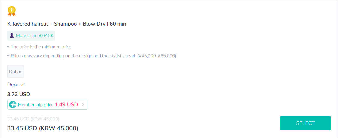 Seoul hair salon price list on Creatrip for JUNO Hair Myeongdong Street Branch showing a cut from 45,000 won