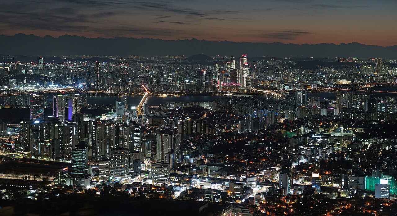 Seoul city lights at night seen from Namsan near N Seoul Tower
