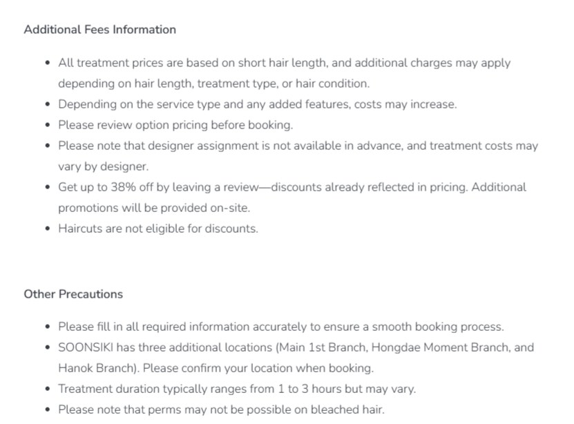 Soonsiki Hair additional fees notes: prices based on short hair, designer cannot be chosen in advance, perms may not be possible on bleached hair