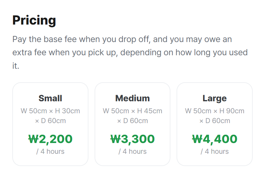 T-Locker official page with small medium large lockers and prices used for Gangnam luggage storage