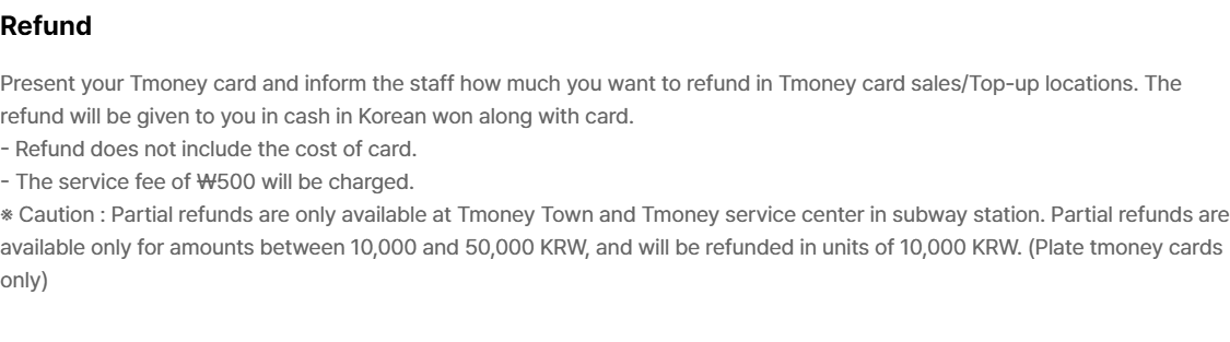 Tmoney official refund rules showing the 500 won fee and partial refund limits