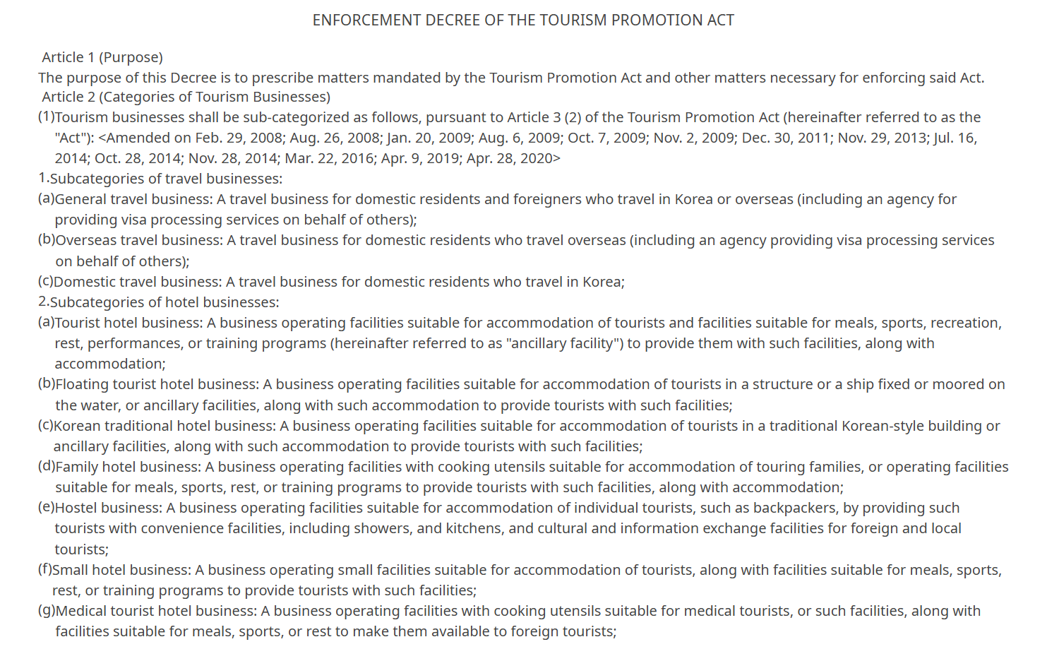Tourism Promotion Act Enforcement Decree listing the registered hotel business categories in Korea