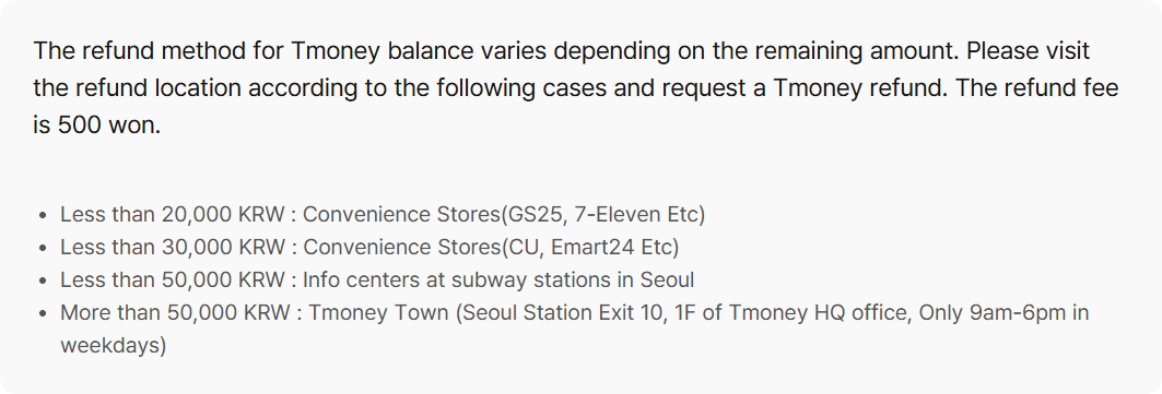 WOWPASS Tmoney balance refund locations and fee