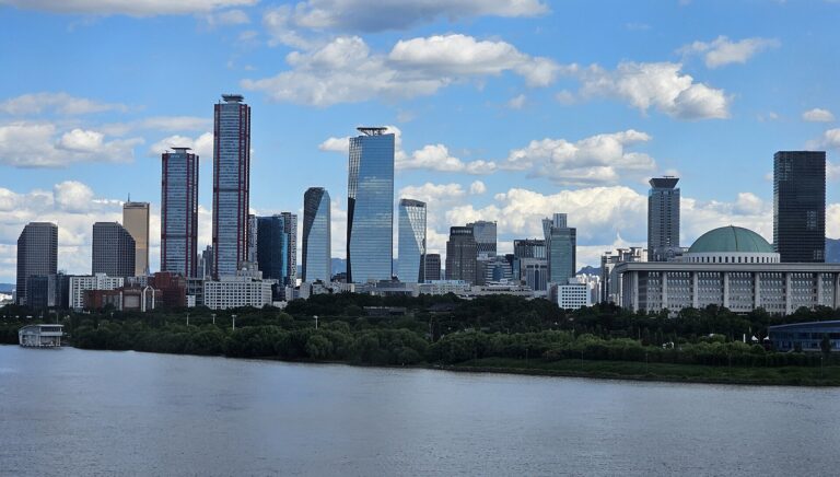 Incheon airport to Yeouido: Yeouido skyline with the National Assembly dome across the Han River