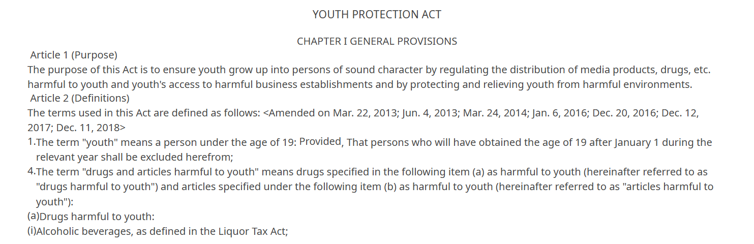 Youth Protection Act definition that sets the drinking age rule behind Seoul nightlife
